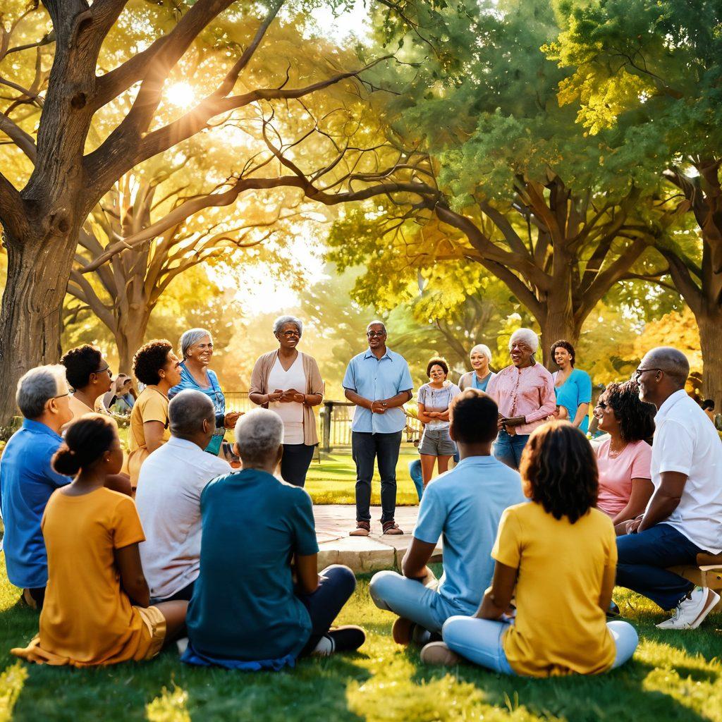 A diverse group of people of various ages and backgrounds, coming together in a supportive circle, sharing stories and laughter. In the background, a serene park setting with trees symbolizing growth, and a warm golden light shining down. Incorporate elements like ribbons or supportive symbols to represent survivorship. The atmosphere should feel uplifting and empowering. super-realistic. vibrant colors.